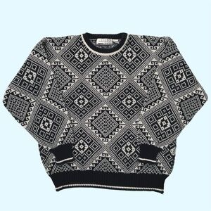 Vintage 90s Club International Abstract Geometric Knit Crewneck Sweater Large